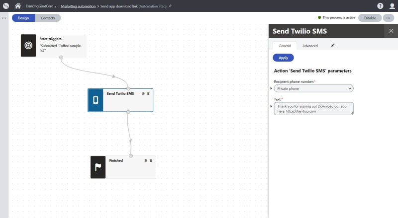Twilio SMS step in Kentico marketing automation